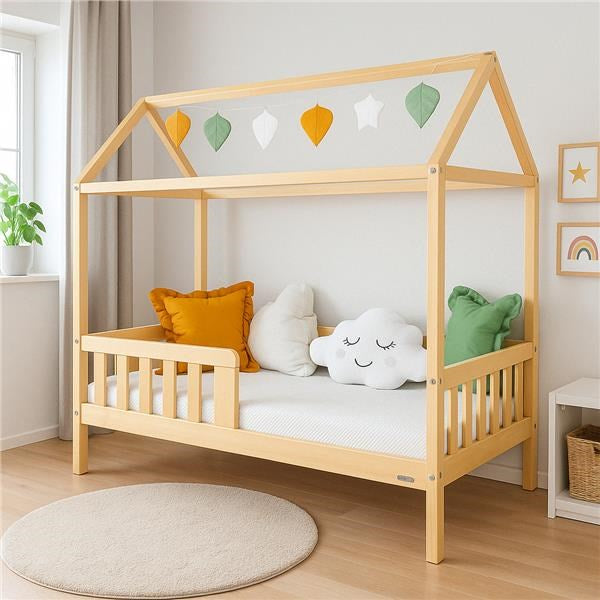 Pat pentru copii în formă de căsuță cu barieră de protecție și suport pentru saltea New Baby CASTELLO 160x80 cm