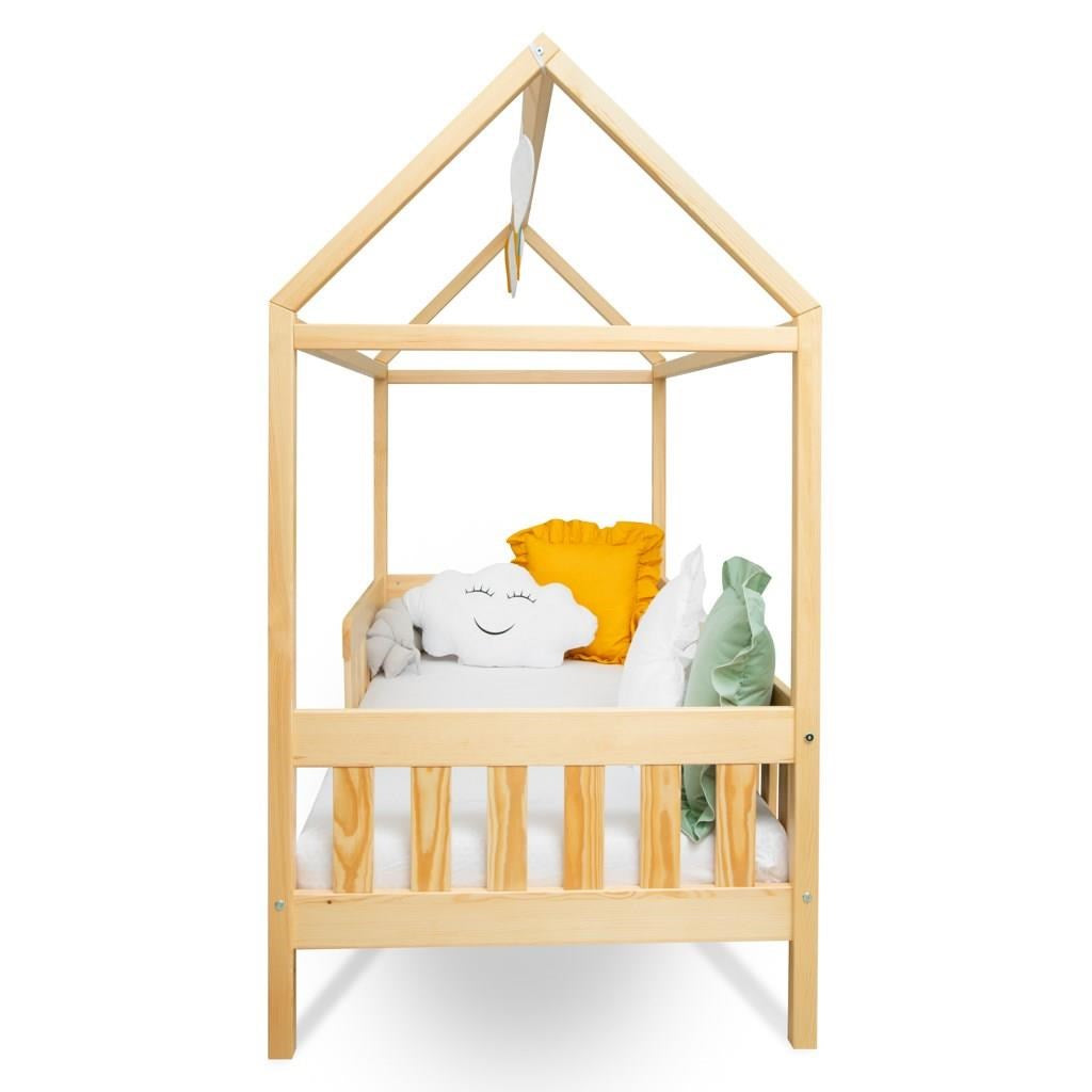 Pat pentru copii în formă de căsuță cu barieră de protecție și suport pentru saltea New Baby CASTELLO 160x80 cm