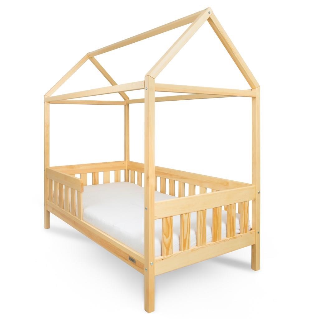 Pat pentru copii în formă de căsuță cu barieră de protecție și suport pentru saltea New Baby CASTELLO 160x80 cm