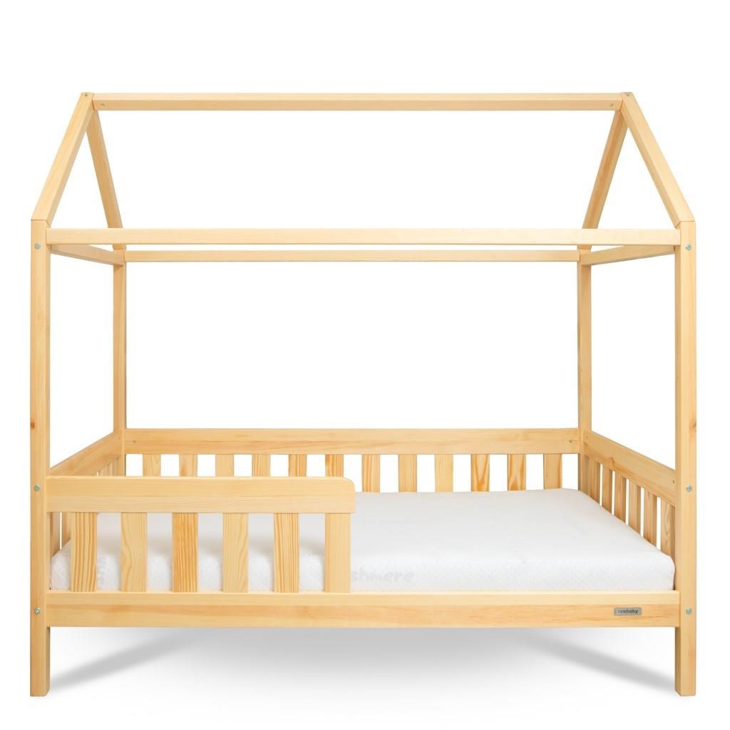 Pat pentru copii în formă de căsuță cu barieră de protecție și suport pentru saltea New Baby CASTELLO 160x80 cm