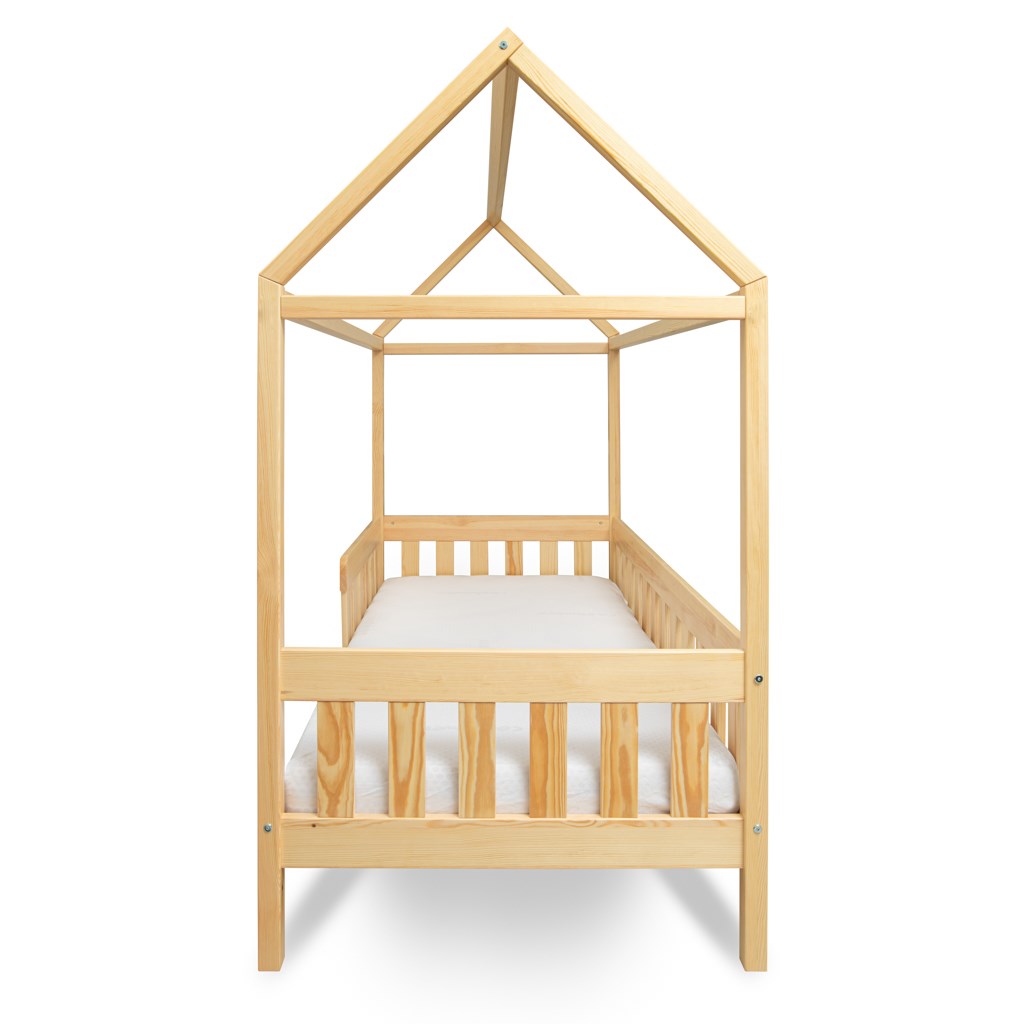 Pat pentru copii în formă de căsuță cu barieră de protecție și suport pentru saltea New Baby CASTELLO 160x80 cm