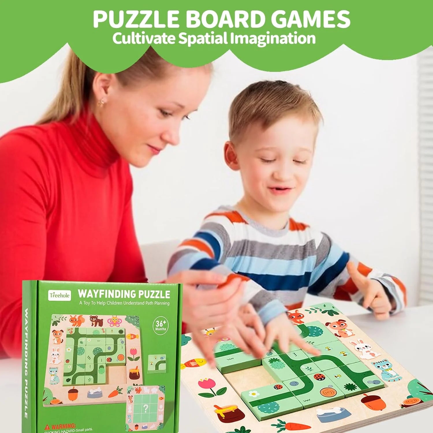 Joc Montessori de logică, tip puzzle 3D, Găsește Poteca, din lemn, 17,5 x 17,5 cm, 3+ ani
