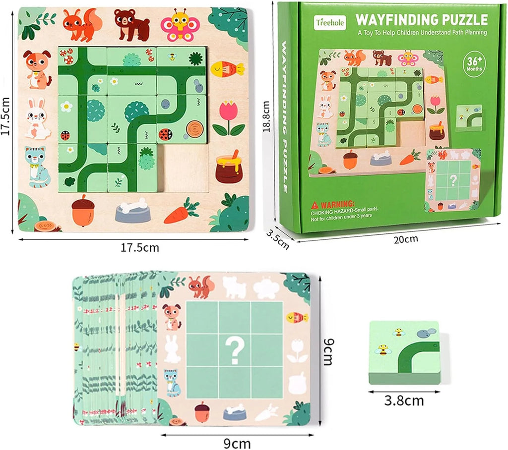 Joc Montessori de logică, tip puzzle 3D, Găsește Poteca, din lemn, 17,5 x 17,5 cm, 3+ ani
