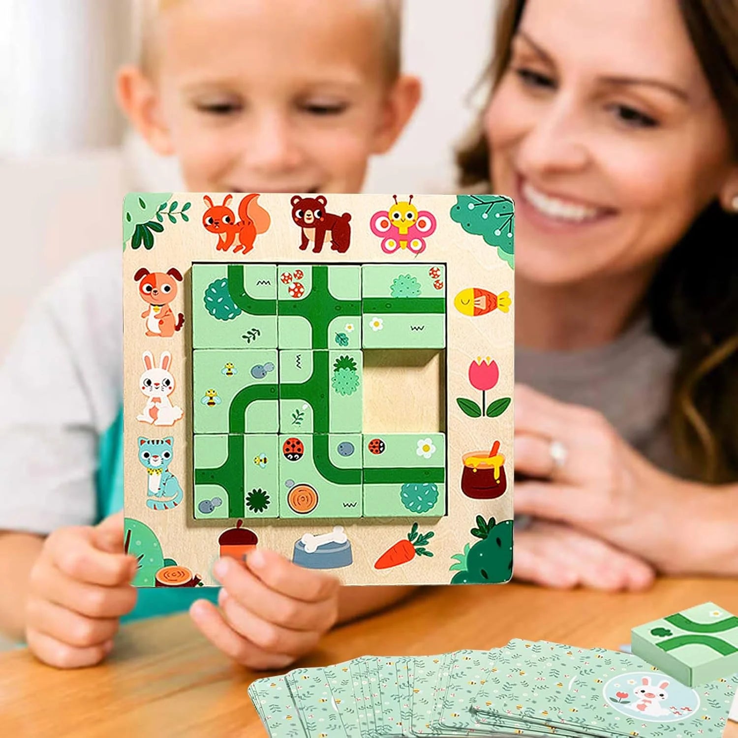 Joc Montessori de logică, tip puzzle 3D, Găsește Poteca, din lemn, 17,5 x 17,5 cm, 3+ ani
