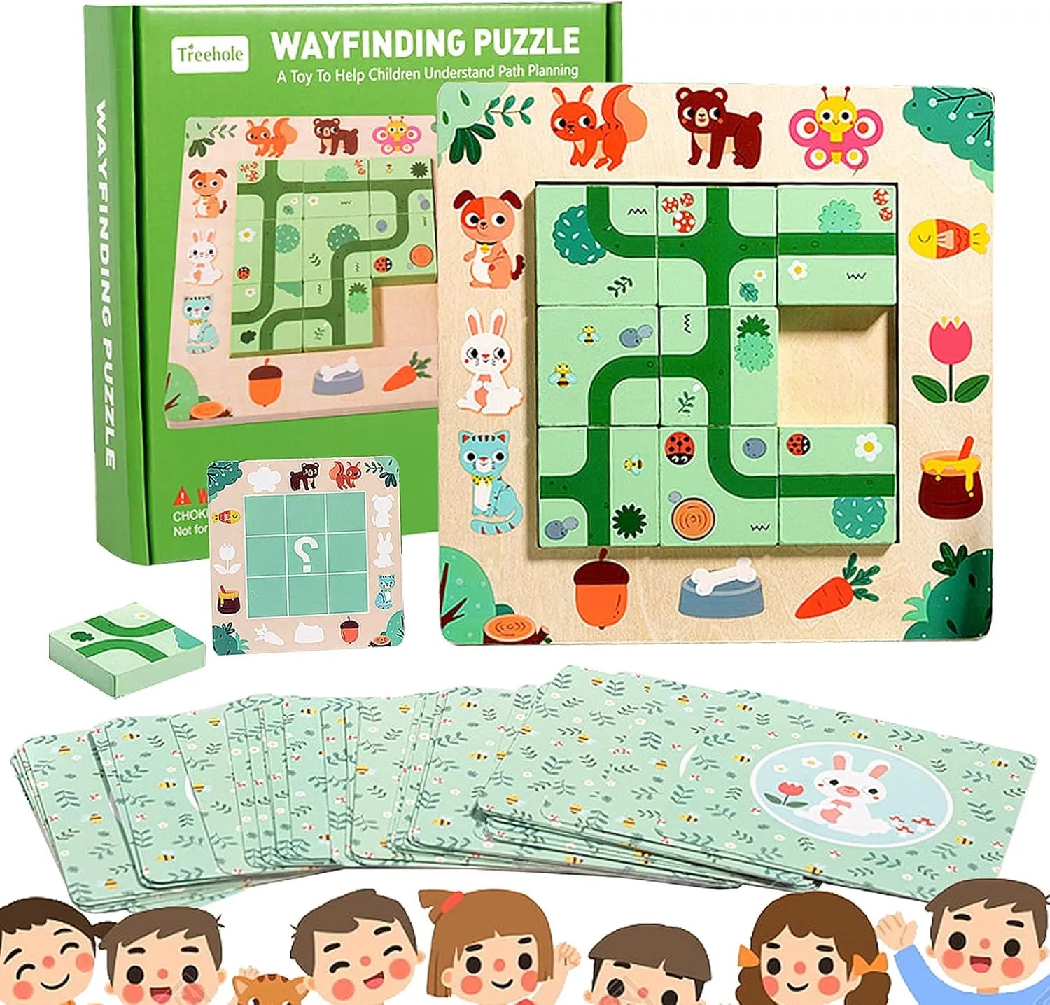 Joc Montessori de logică, tip puzzle 3D, Găsește Poteca, din lemn, 17,5 x 17,5 cm, 3+ ani