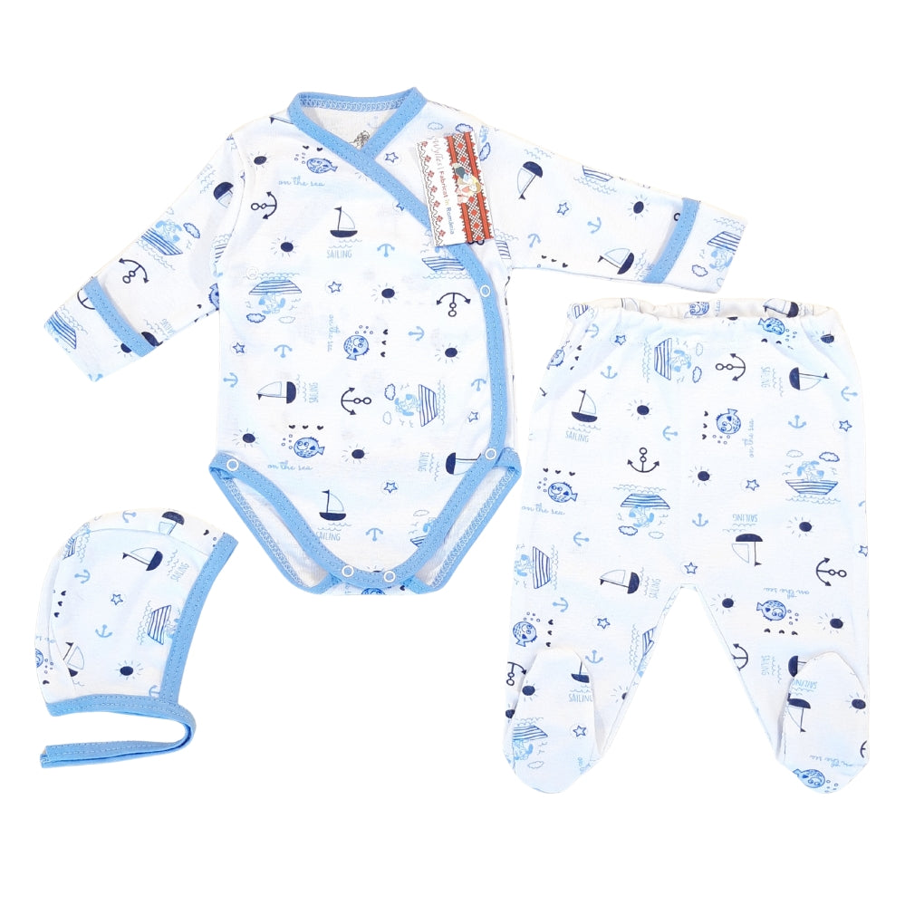Body tip pieptar cu mănuși, pantalonași cu botoșei și căciuliță (bumbac 100%)