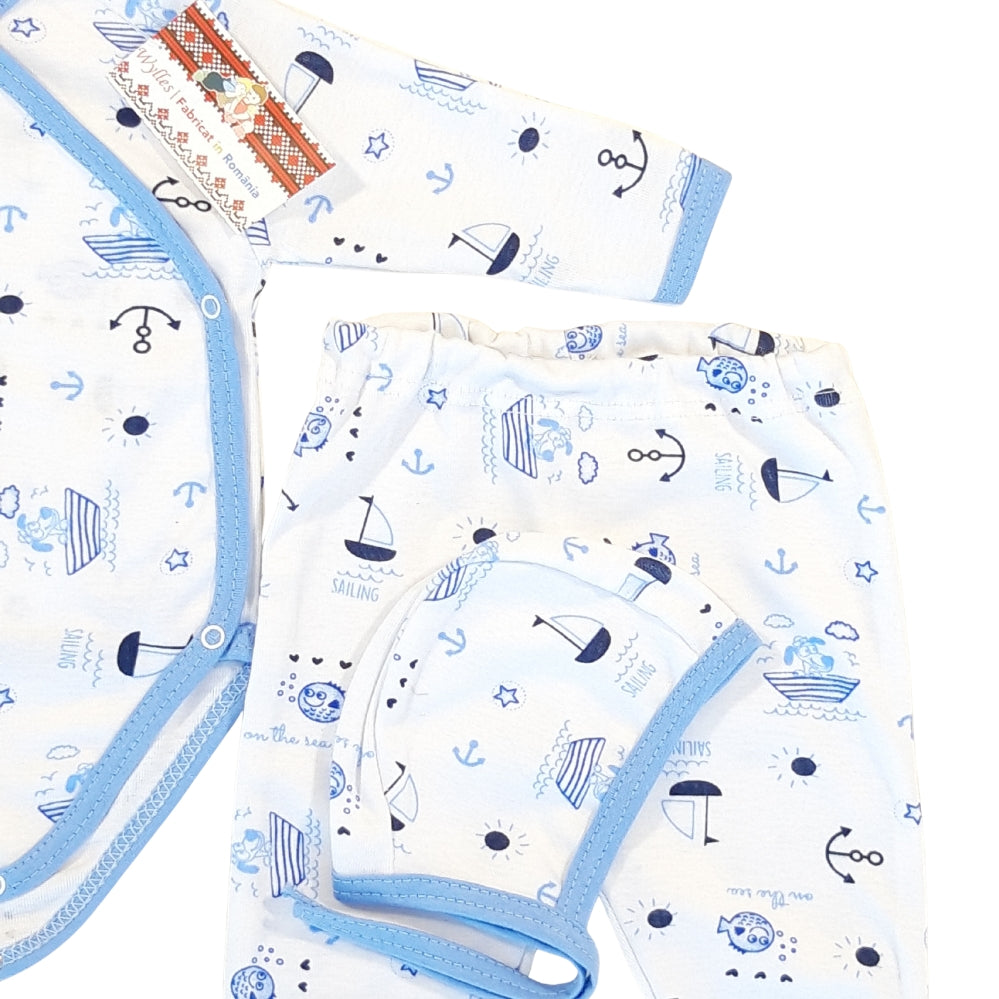 Body tip pieptar cu mănuși, pantalonași cu botoșei și căciuliță (bumbac 100%)