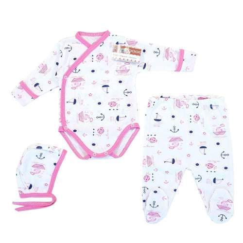 Body tip pieptar cu mănuși, pantalonași cu botoșei și căciuliță (bumbac 100%)