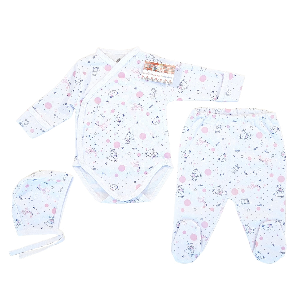 Body tip pieptar cu mănuși, pantalonași cu botoșei și căciuliță (bumbac 100%)
