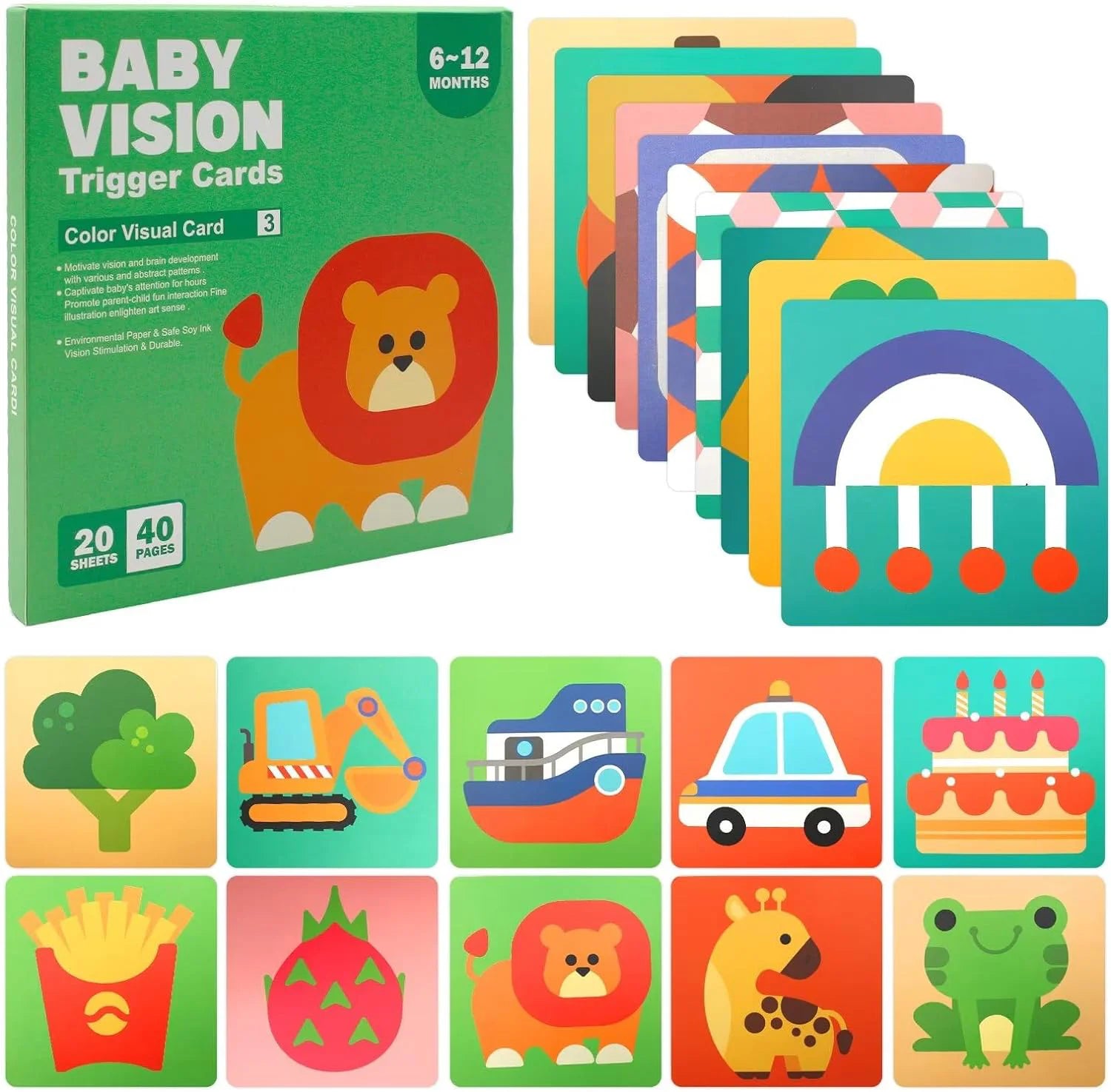 Set 20 Carduri pentru stimulare vizuală, 40 imagini multicolore, 6 – 12 luni