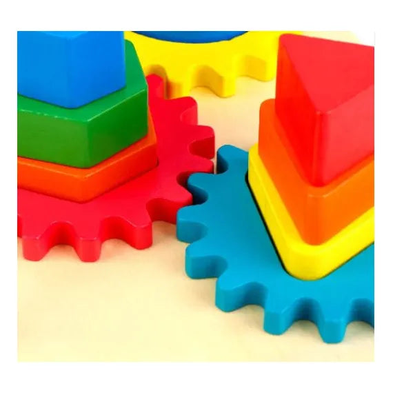 Sortator din lemn – 20 de piese, forme geometrice și roți dințate
