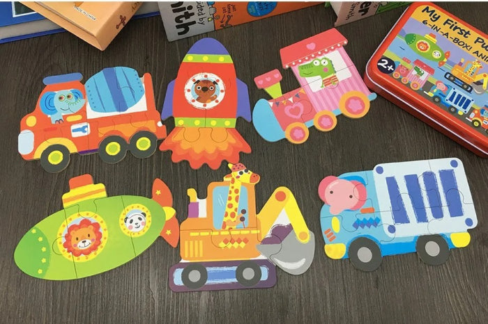 6 Puzzle-uri cu Piese Mari in Caseta Metalica – Masini (PUZZLE IN CUTIE METALICA)